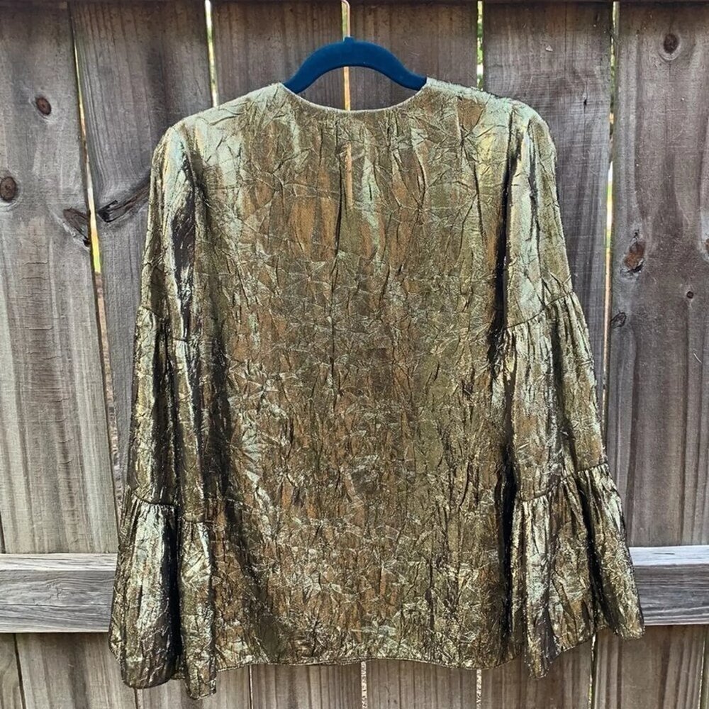 Michael Kors Collection Bell-Sleeve V-Neck Crushed-Lame Peasant Blouse, … - Picture 5 of 6